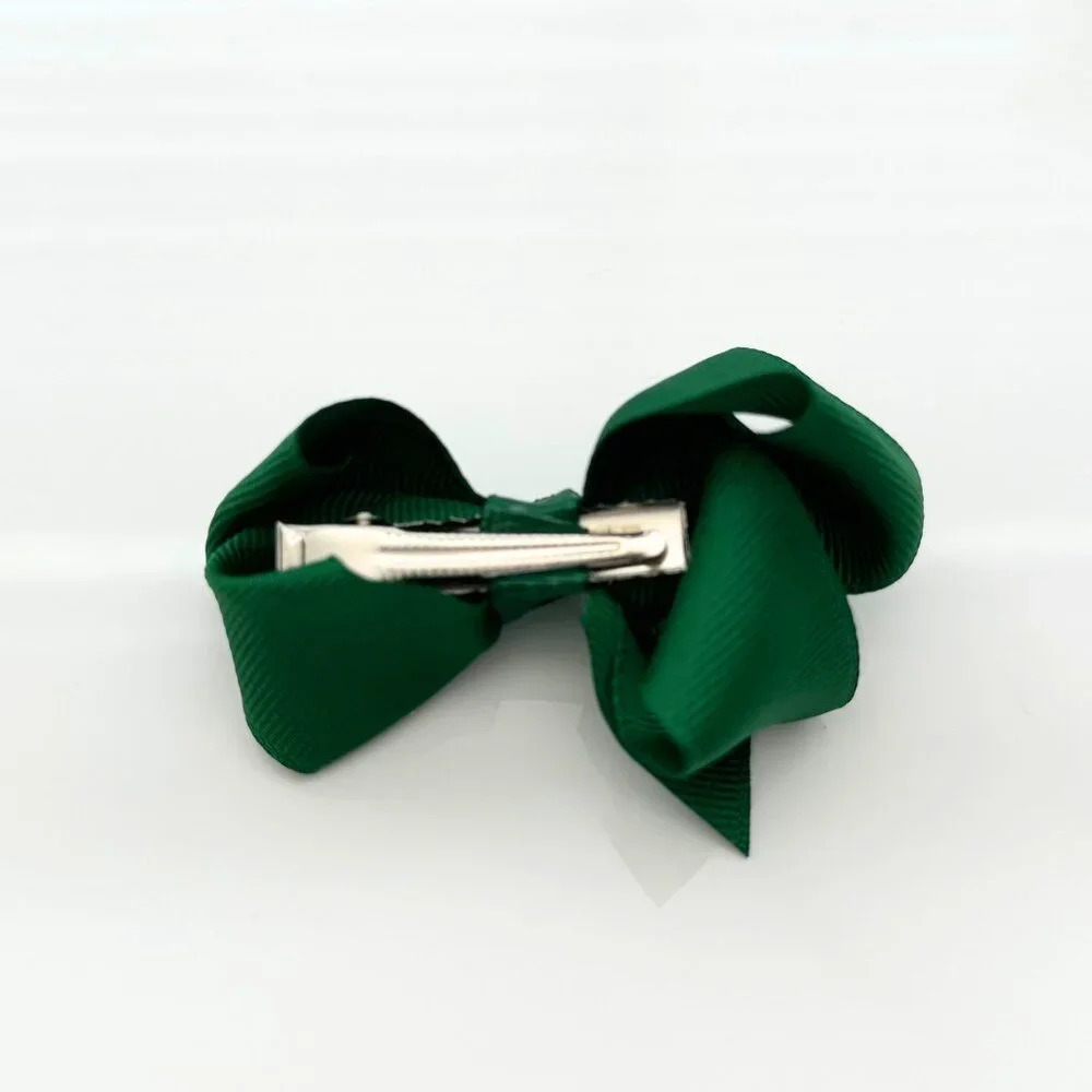 Set of 2 Pretty Girls Hair Bows Grosgrain Ribbon Hair Clips Accessory Dark Green - Picture 4 of 5